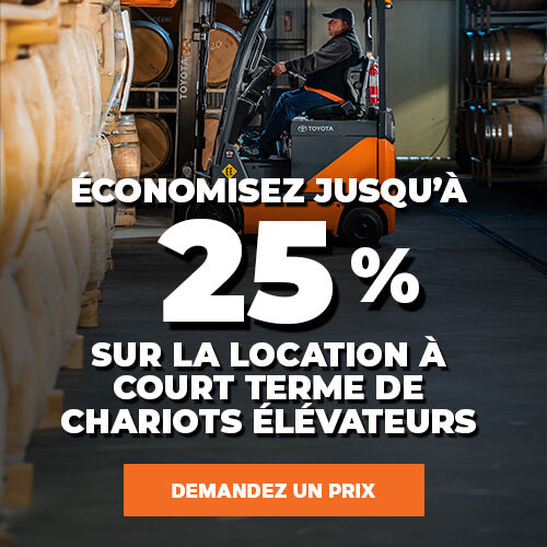 Obtenez 25 % de rabais sur certains modèles sélectionnés et 20 % de rabais sur tous les autres modèles en location en Ontario, au Québec et dans les provinces de l’Atlantique. Louez avec Liftow, le concessionnaire nº 1 de chariots élévateurs Toyota au Canada. 