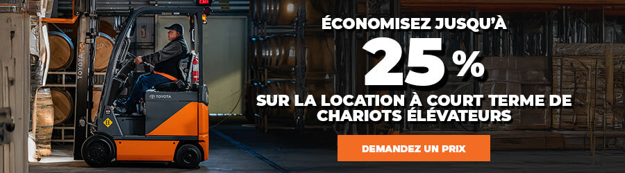 Obtenez 25 % de rabais sur certains modèles sélectionnés et 20 % de rabais sur tous les autres modèles en location en Ontario, au Québec et dans les provinces de l’Atlantique. Louez avec Liftow, le concessionnaire nº 1 de chariots élévateurs Toyota au Canada. 